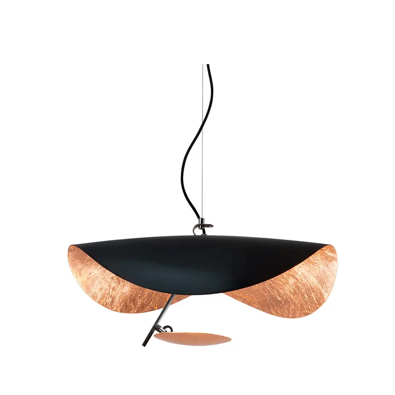 Catellani & Smith LEDERAM MANTA S1 - sospensione - schermo nero e foglia oro, asta nera, disco foglia oro, base nera