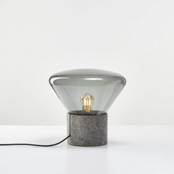 BROKIS MUFFINS ANNIVERSARY wood 01 - tavolo - vetro grigio fumo - base marmo grigio talami satinato