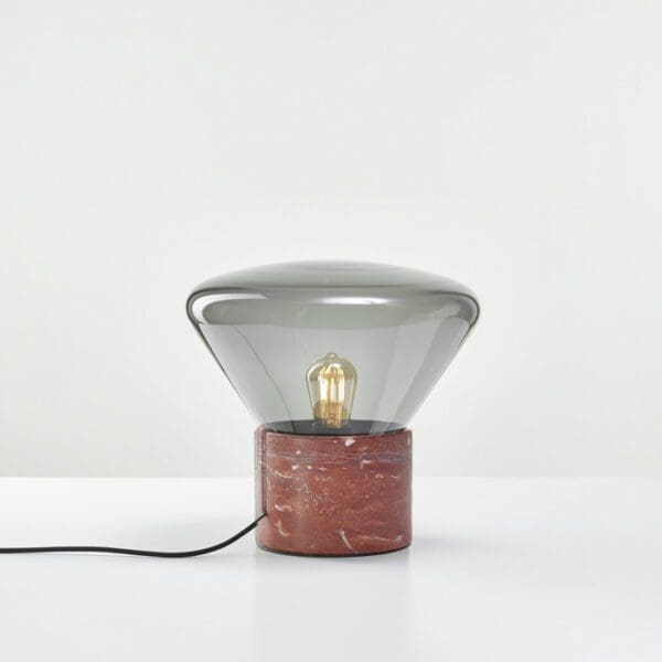 BROKIS MUFFINS ANNIVERSARY wood 01 - tavolo - vetro grigio fumo - base marmo rosso francia satinato