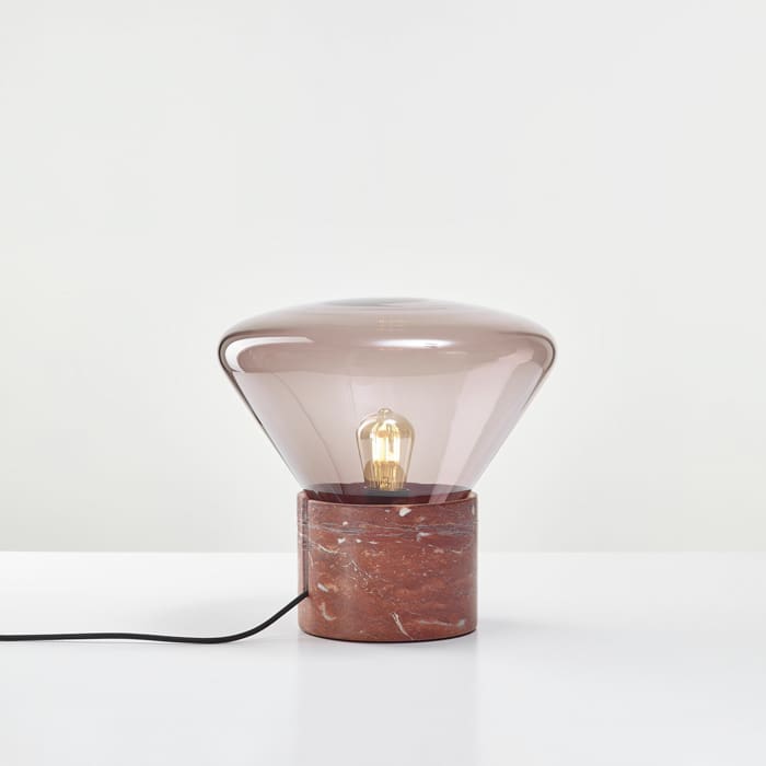 BROKIS MUFFINS ANNIVERSARY wood 01 - tavolo - vetro melanzana - base marmo rosso francia satinato