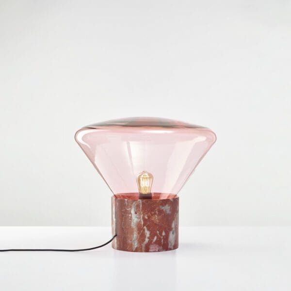 BROKIS MUFFINS ANNIVERSARY wood 01 - tavolo - vetro rosa tramonto  - base marmo rosso francia satinato