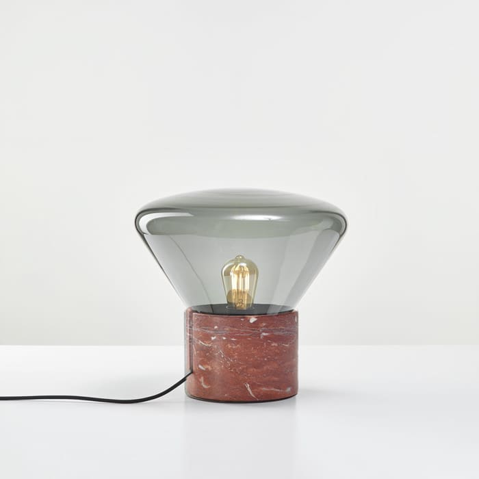 BROKIS MUFFINS ANNIVERSARY wood 01 - table - smoke grey glass - french red satin marble base