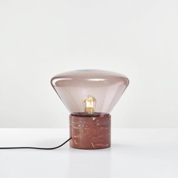 BROKIS MUFFINS ANNIVERSARY wood 02 - tavolo - vetro melanzana - base marmo rosso francia satinato