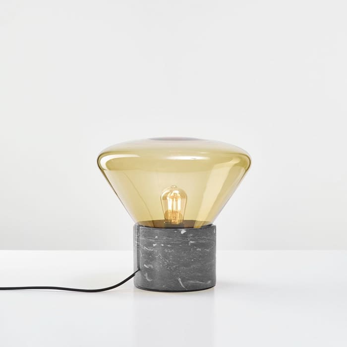 BROKIS MUFFINS ANNIVERSARY wood 01 - table - olive green glass - satin talami gray marble base and dark grey cable