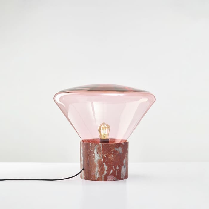 BROKIS MUFFINS ANNIVERSARY wood 01 - table - sunset pink glass  - french red satin marble base