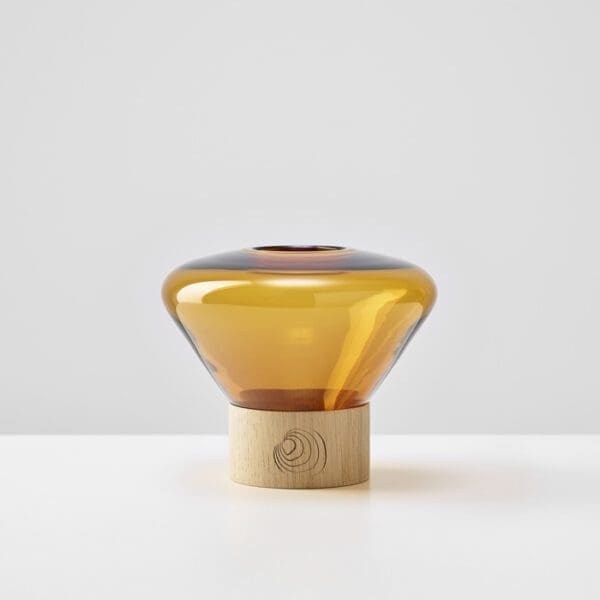 BROKIS MUFFINS CANDLEHOLDER PC1008 - table - transparent cognac glass - European oak base, clear coating - outdoor