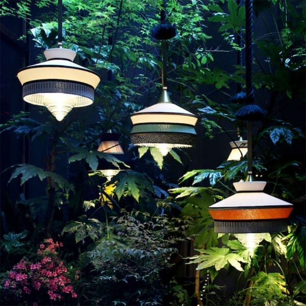 Contardi CALYPSO Martinique so outdoor - laccato oro opaco e corda da marina intrecciata verde - paralume giallo