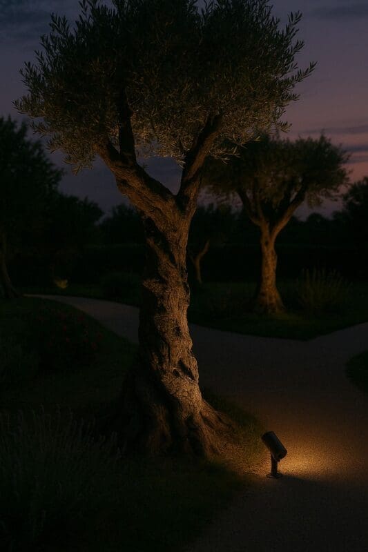 come illuminare un ulivo secolare