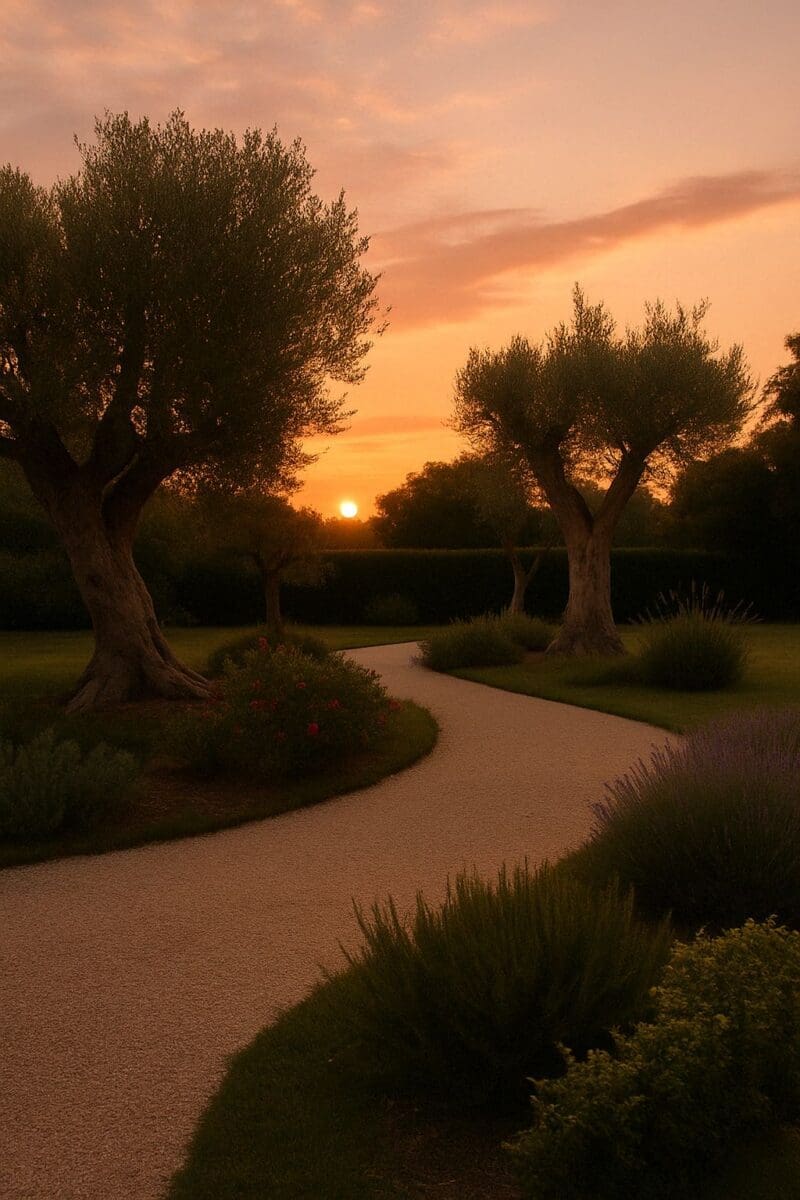 giardino mediterraneo con ulivi al tramonto