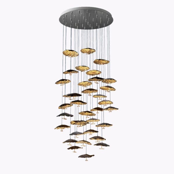 Catellani & Smith GOLD MOON SPL CHANDELIER 25 - Cascata - base acciaio satinato, schermi nero e foglia oro