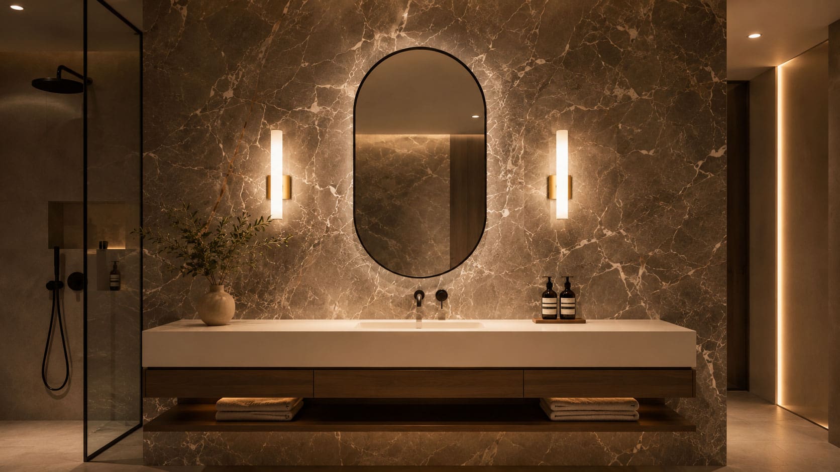 illuminazione multistrato Bagno elegante con dettagli in marmo