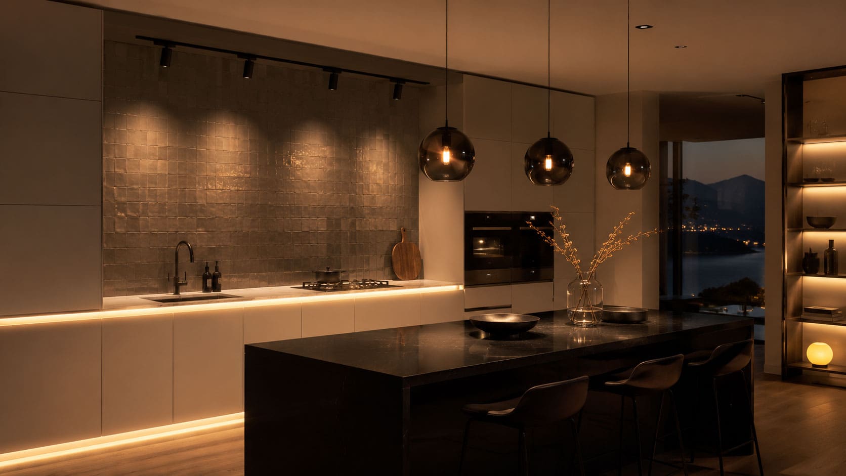 illuminazione multistrato cucina moderna con vista serale